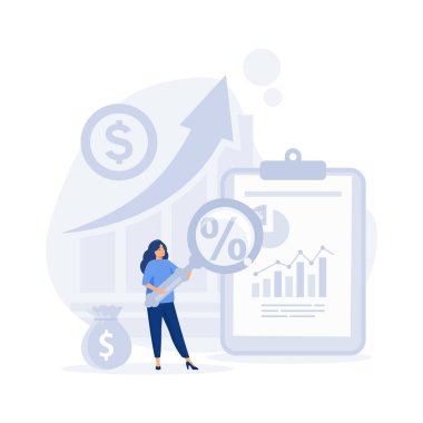 Fatura, hesap ya da fatura, muhasebe ve denetleme hizmetleri, düz vektör modern illüstrasyon büyüteç aracılığıyla bakan adam.