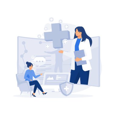 Çevrimiçi tıp ve sağlık hizmetleri, doktor danışmanlığı ve tedavi akıllı telefon, düz vektör modern illüstrasyon