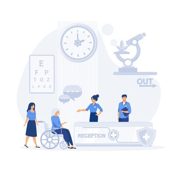 在医院接待病人 带有残疾 平面矢量现代插图的候车室 — 图库矢量图片