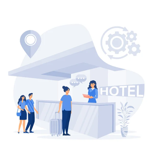 Recepcionista Recebe Hóspede Check Hotel Hostel Interior Com Administrador Ilustração — Vetor de Stock
