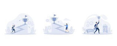 Elinde kupa tutan iş adamı, merdivenlerde duran iş kadını altın kupa, başarı ve profesyonel başarı basamaklarını tırmanıyor, düz vektör modern illüstrasyonunu ayarlıyor.