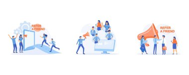 Bir arkadaş kavramına, iş ortaklığı stratejisine, sosyal medya pazarlamasına, arkadaş paylaşımına atıfta bulunun, düz vektör modern illüstrasyonunu ayarlayın