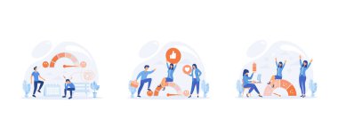 Stres seviyesi, ruh hali ölçeği, depresyon ve zihinsel hastalık, Duygusal Simgelerle Müşteri Memnuniyet Ölçeği, Düşük Stres seviyesi, düz vektör modern illüstrasyon