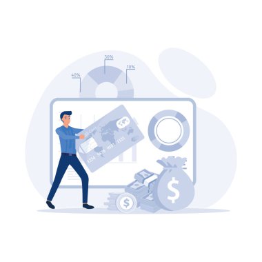 Adam kişisel hesaplarda kişisel finansman yönetiyor, işlemler yapıyor, banka verilerini analiz ediyor, düz vektör modern illüstrasyon