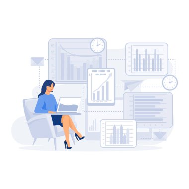 İş konsepti, ofis çalışanları, evrim ölçeği analizi, düz vektör modern illüstrasyon üzerinde çalışıyorlar.