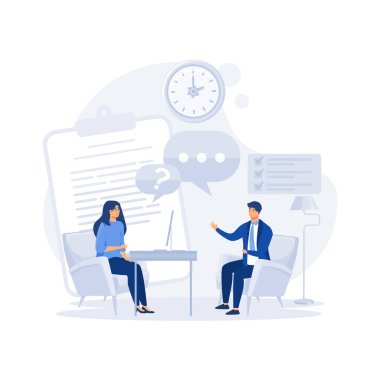 İş görüşmesi, dizüstü bilgisayarı olan genç bir kadınla konuşan bir adam, düz vektör modern illüstrasyon.