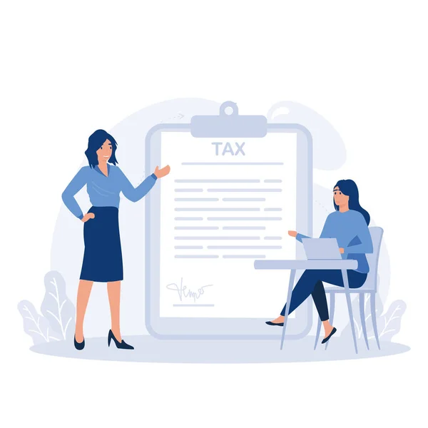 税務申告書をオンラインで 財務顧問と記入するために税務カレンダーを使用して文字 課税計画の概念フラットベクトル現代的なイラスト — ストックベクタ