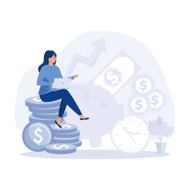 Madeni para yığınına yaslanan mali danışman dostça gülümseyip el sallıyor. Finansal danışmanlık, yatırım ve tasarruflar, düz vektör modern illüstrasyon