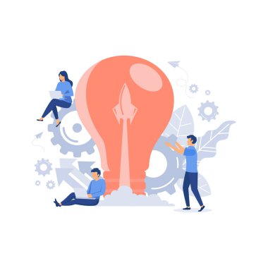 iş geliştirme süreci, yenilik ürünü, ve yaratıcı fikir, düz vektör modern illüstrasyon