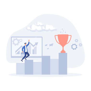 Başarı için ilham. Düz vektör modern illüstrasyonla büyük bir kupa elde etmeye çalışan bir işadamı