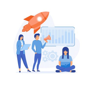 Profesyonel pazarlama servisi, pazarlama ekibi, dünya çapında ağ, düz vektör modern illüstrasyon