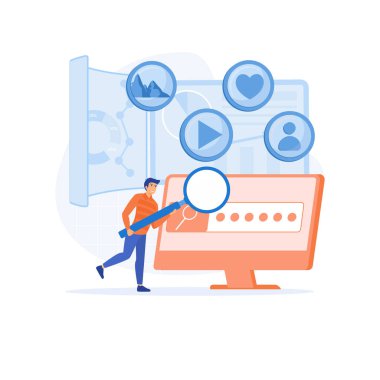 Seo hedefleme ve performans konsepti. Piyasa eğilimlerini analiz eden ve seo optimizasyonu planlayan insanlar. düz vektör modern illüstrasyon