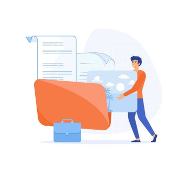 Bilgi dizinleme kavramı, işadamı ofis çalışanı büyük dizin, düz vektör modern illüstrasyonuna dosya ekler