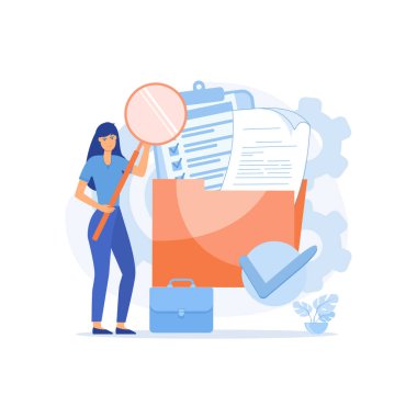 Kullanıcı ve veri arşivi, bilgi depolama ve indeksleme. İş kadınının elinde büyüteç var. düz vektör modern illüstrasyon