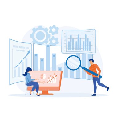 Ticari finans yatırım konsepti için veri analizi. İş adamları takımı monitör grafik paneli, düz vektör modern illüstrasyon üzerinde çalışıyor.