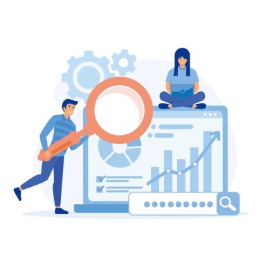 business finanse yatırım konsepti, veri analizi ve web raporlama panelinde çalışan insanlar, düz vektör modern illüstrasyon
