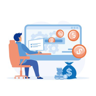 Çevrimiçi para kazanmak, bilgisayar ve parayla çalışan adam ekrandan akıyor, düz vektör modern illüstrasyon