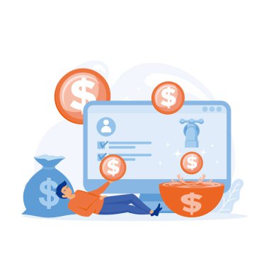 Adam online işten para kazanıyor, bilgisayarla rahatlayan kişi cüzdanına para ödüyor, düz vektör modern illüstrasyon.