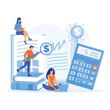 İnsanlar girişimcilik bilincini, yassı vektör modern illüstrasyonunu artırmak için finansal okur-yazarlık ve muhasebe okuyorlar.