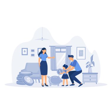 Para biriktirme kavramı. Baba ve anne çocuklara para biriktirmeyi, mali yönetimi öğretiyor. düz vektör modern illüstrasyon