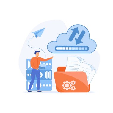 bulut hesaplama konsepti, veri merkezi, dosya yönetimi, düz vektör modern illüstrasyon