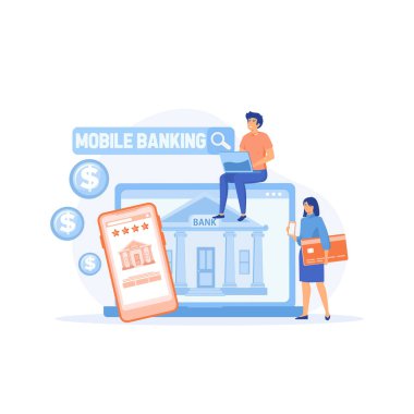 Mobil bankacılık ve online ödeme konsepti. İnsanlar online bankacılık ve muhasebe için dizüstü bilgisayar ve cep telefonu kullanıyor. düz vektör modern illüstrasyon