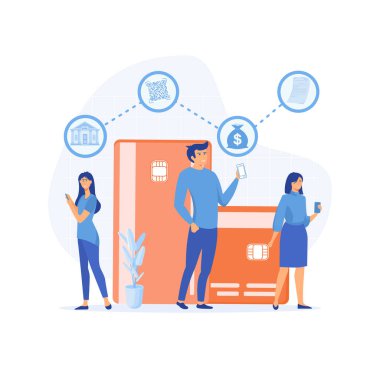 Mobil bankacılık konsepti. Kredi kartı ve banka para sembolü olan erkek ve kadınlar, düz vektör modern illüstrasyon