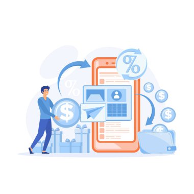 Para iadesi konsepti. Çevrimiçi ödeme yapan ve ikramiye alan karakterler ya da kredi kartıyla ödül alanlar. düz vektör modern illüstrasyon