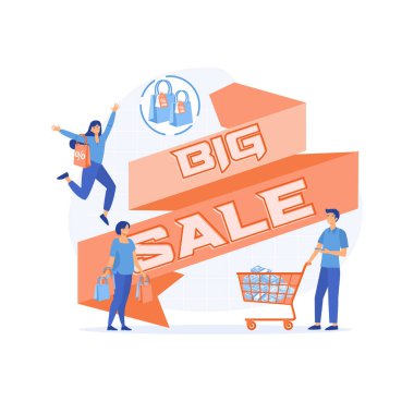 Büyük indirim, Promo Concept. Küçük mutlu karakterli büyük indirim. düz vektör modern illüstrasyon