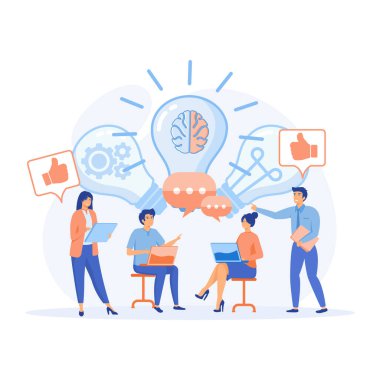 İş fikirlerini paylaşmak ve araştırmak. Görevlere yaratıcı çözümler bulan ofis çalışanları fikirlerini paylaşıyorlar. düz vektör modern illüstrasyon