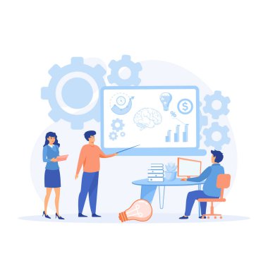 Ofiste çalışan iş adamı karakterleri. Takım projesi, beyin fırtınası, takım çalışması, düz vektör modern illüstrasyon