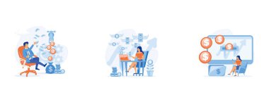 Pasif gelir, finansal özgürlük, kolay para ve yatırımcı, sabit vektör modern illüstrasyonunu ayarla