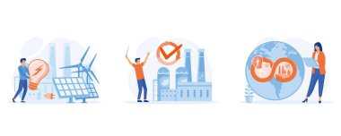 Dairesel ekonomi konsepti, yeşil enerji, eko-sanayi gelişimi ve imalatı, düz vektör modern illüstrasyonunu ayarla