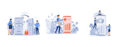 Bankacılık hizmeti, başarılı bir şekilde daha az ödeme işlemi ile temas kurma. Banka verilerini analiz eder. Pos - terminal ve ödeme sistemleri, düz vektör modern illüstrasyonunu ayarlayın