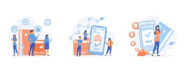 Mobil bankacılık kavramı, para transferi için uygulama kullanan insanlar, cep telefonu ile başarılı ve güvenli bir şekilde ödeme, düz vektör modern illüstrasyonunu ayarla