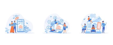 Aile Bütçesi için Banka Mobil Başvurusu, Çevrimiçi Yatırımlar, Çevrimiçi Ödemeler ve Dünya çapında Tasarruf İşlemleri. Düz vektör modern illüstrasyonunu ayarla