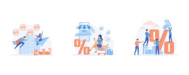 Büyük indirim kavramı. Acil satış, mağazada mevsimlik satış, mutlu erkek ve kadın alıcı karakterler mağazadaki büyük satışları kutluyor, düz vektör modern illüstrasyonunu ayarlıyor