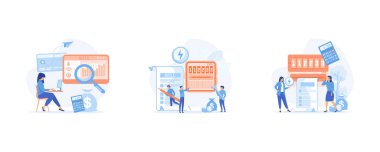 İnternet üzerinden faturaları kontrol edip ödüyorum. Teknisyen onarımı, sayaç kurulumu. Fatura ve elektrik sayacı. Düz vektör modern illüstrasyonunu ayarla