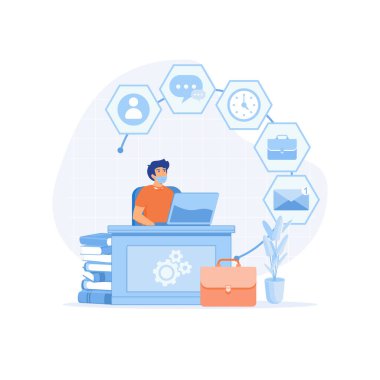 Merkez ofis konsepti. Adam evde dizüstü bilgisayarla çalışıyor. düz vektör modern illüstrasyon