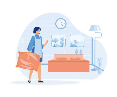 Otel işleri konsepti, oda temizlikçisi, temizlikçi, oda servisi, yatakta kahvaltı, otel yönetimi. düz vektör modern illüstrasyon