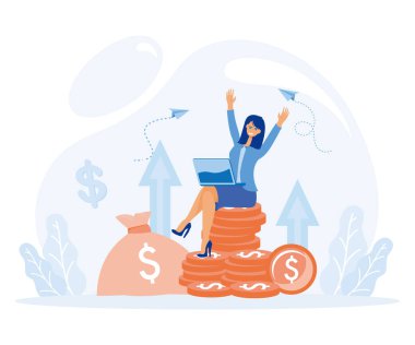 Finansal danışman güler yüzlü ve el sallayan bir yığın bozuk para döküyor. Başarılı yatırımcı ya da girişimci. Finansal tavsiye. düz vektör modern illüstrasyon