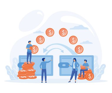 Finansal işlemler, para transferi, bankacılık, bozuk paralı büyük cüzdanlar. düz vektör modern illüstrasyon