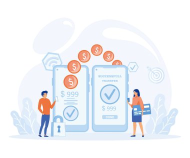 Bankacılık hizmeti, başarılı bir şekilde daha az ödeme işlemi ile temas kurma. Kadın gönderildi, para transfer edildi, banka kartından bozuk paralar alındı. düz vektör modern illüstrasyon