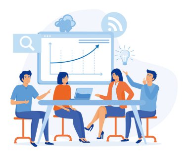 Uzaktan çalışma ve takım çalışması, kurumsal iş ekibi sanal ofis odasında toplanıyor, düz vektör modern illüstrasyon.