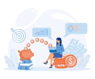 Eğitim için finansal planlama. Genç bir kadın dizüstü bilgisayarı ve kumbarasına uçan bozuk para yığını üzerinde oturuyor. düz vektör modern illüstrasyon