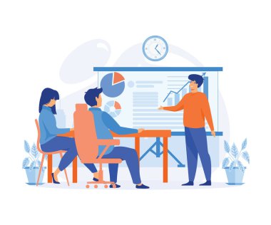 Liderlik danışmanlığı konsepti. Muhtemel Deneyimli Büro Yöneticisi, İş İçinde Sunum Yapıyor. düz vektör modern illüstrasyon