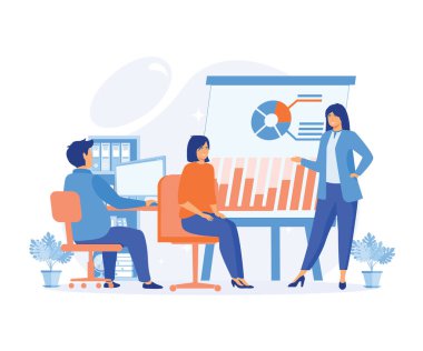 İş eğitimi ve koçluk. İş semineri, Koç konuşmacı seyircilere sesleniyor. düz vektör modern illüstrasyon