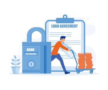 Kredi anlaşması konsepti. Adam bir tomar parayla bir troli itiyor, bankadan kredi alıyor, düz vektör modern illüstrasyon.