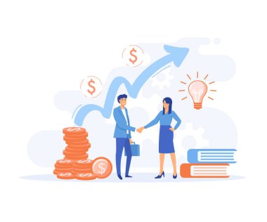 Finansal yatırımlar, iş adamları el sıkışıyor, finansal anlaşma yapıyor, düz vektör modern illüstrasyon