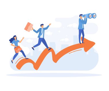 Takım çalışmasının başarısı, işbirliği ve ortaklık, insanlar ok çizgisinde duruyor, düz vektör modern illüstrasyon